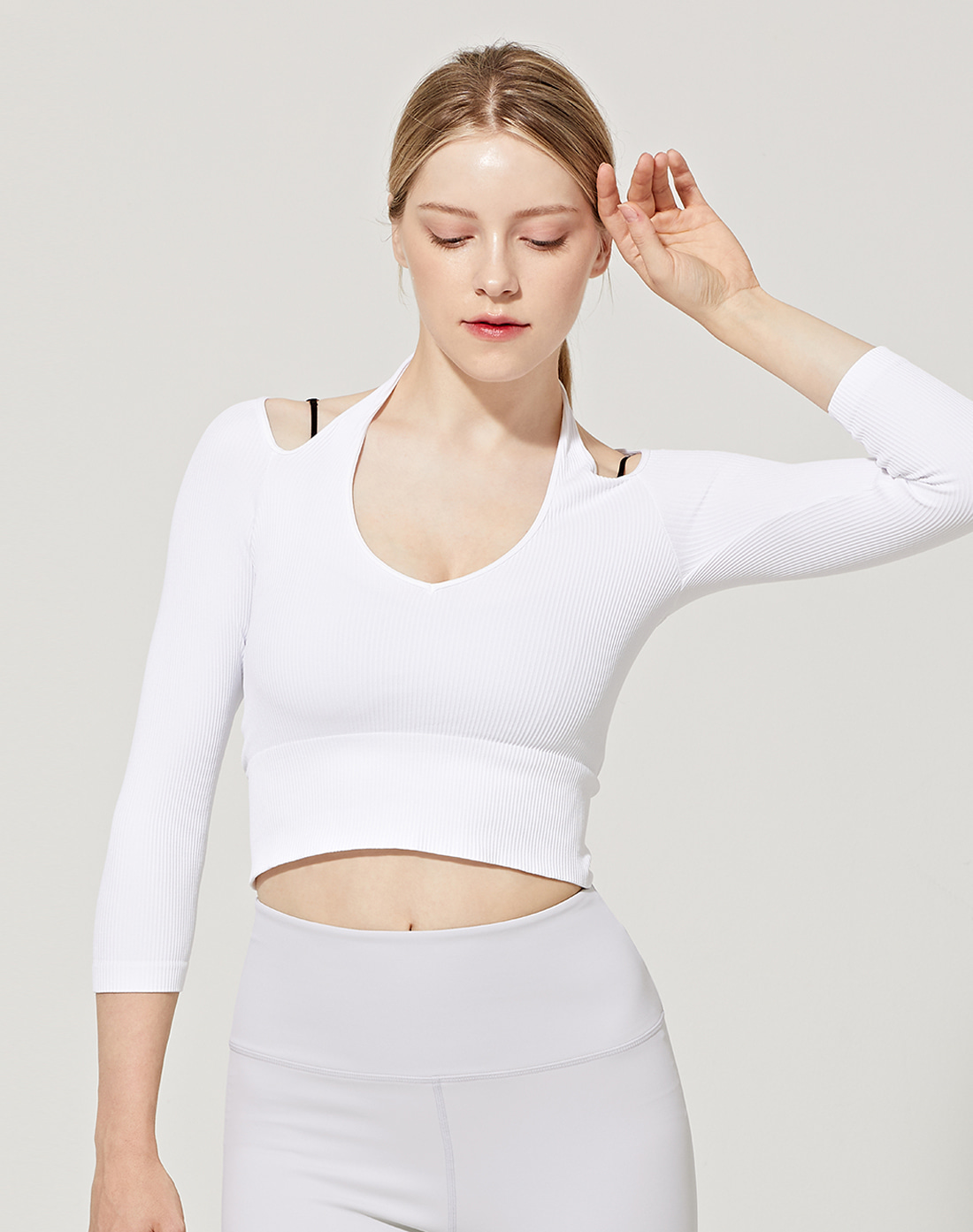 3/4 Sleeve Ribbed Halter Crop Top (VN2TS400WH)