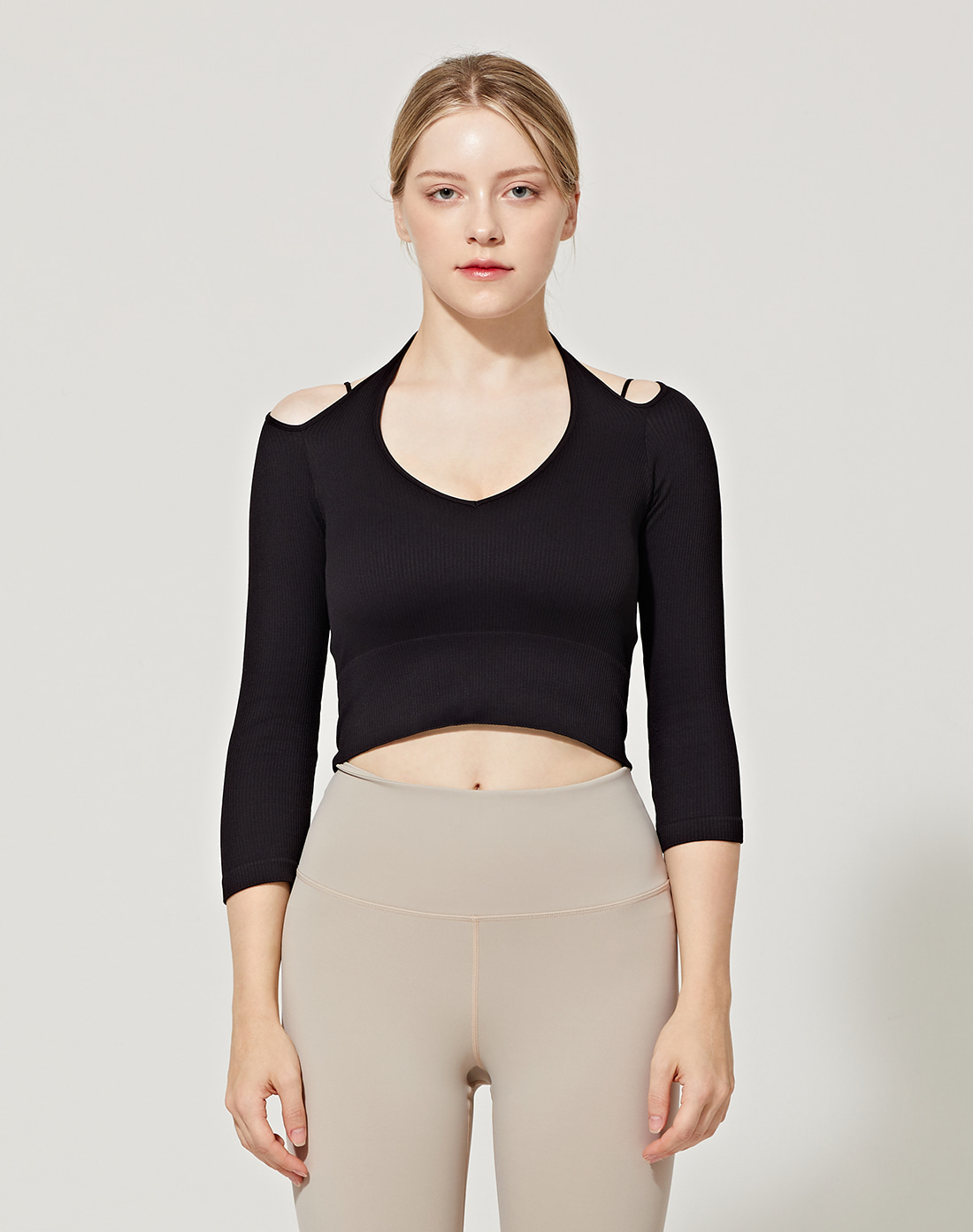 3/4 Sleeve Ribbed Halter Crop Top (VN2TS400ZB)