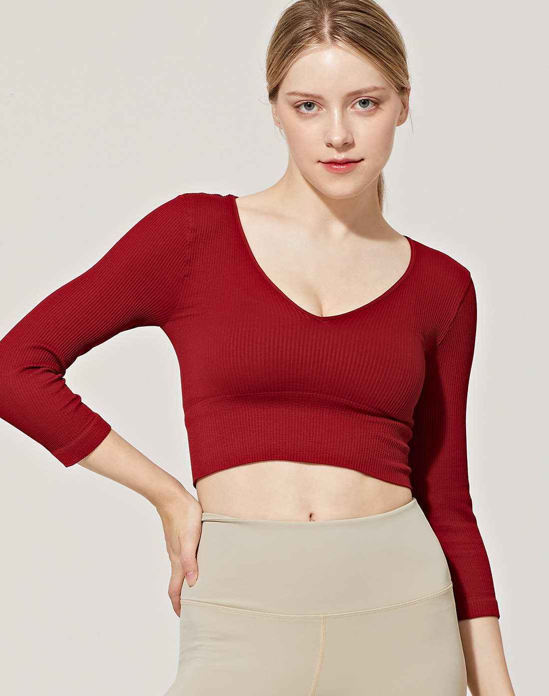 Ribbed 3/4 Sleeve V Neck Crop Top (VN2TS401ST)